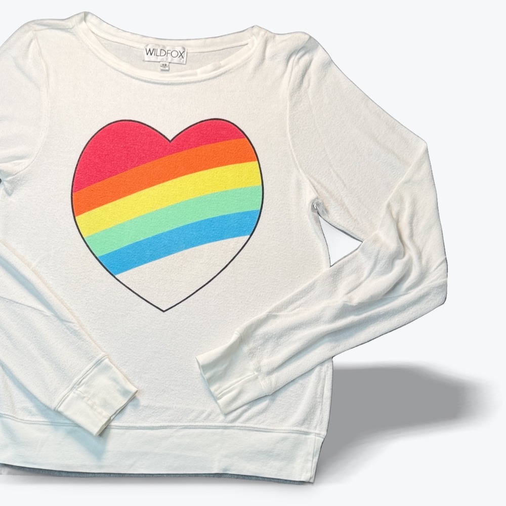 Wildfox Graphic Sweatshirt White Rainbow Heart Made in USA Soft Lightweight XS